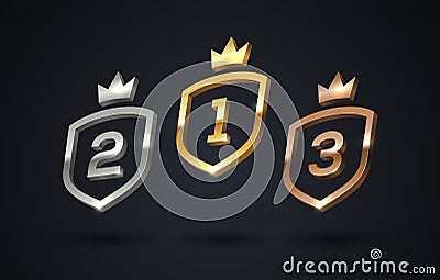 Set of rank emblems - gold, silver, bronze. Shield with rank number and crown. First place, second place and third place signs. Vector Illustration